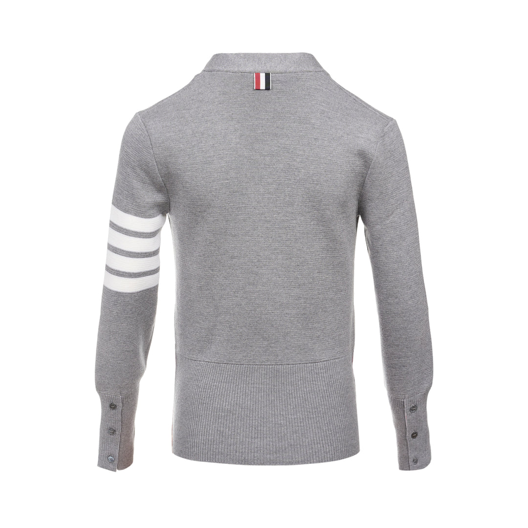 Thom Browne heather grey V-neck cardigan with four-bar white stripe detail on sleeve, button-through front, and ribbed hem and cuffs - view 2