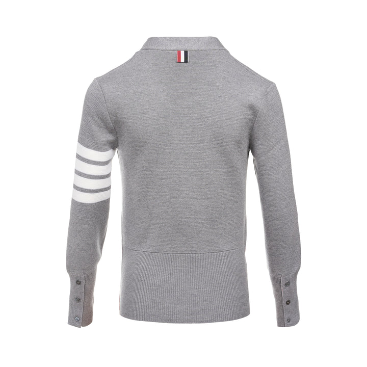 Thom Browne heather grey V-neck cardigan with four-bar white stripe detail on sleeve, button-through front, and ribbed hem and cuffs - view 2