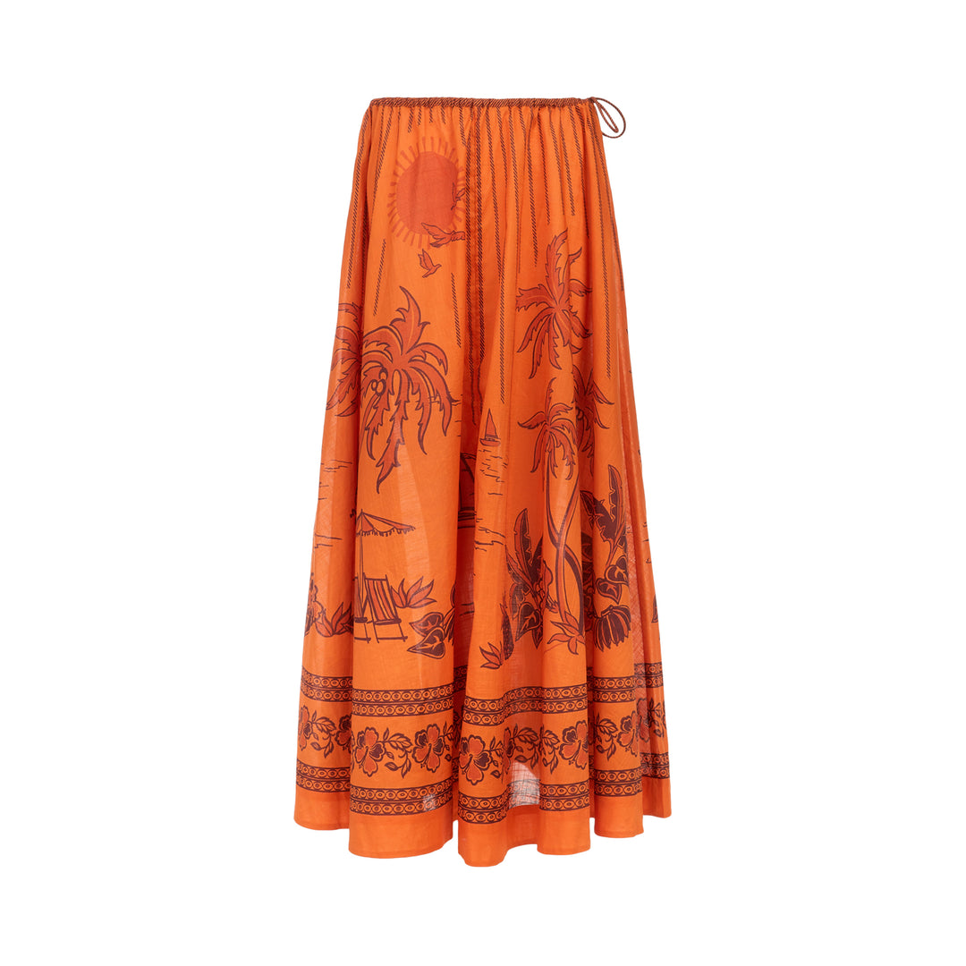 Alemais Boathouse Midi Skirt in orange with tropical beach print featuring palm trees, sun illustration, and floral border hem, displayed on white background