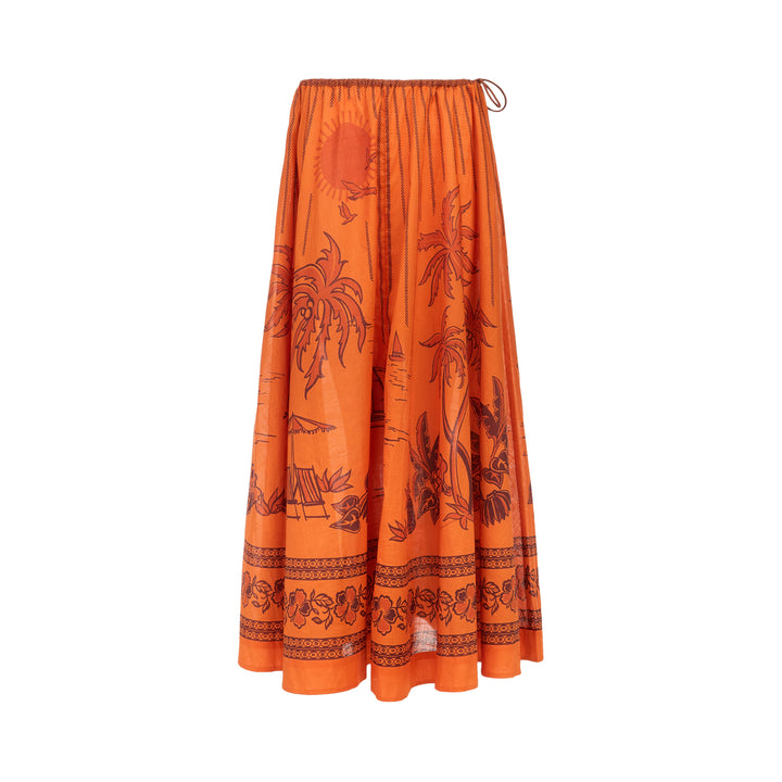 Alemais Boathouse Midi Skirt in orange with tropical beach print featuring palm trees, sun illustration, and floral border hem, displayed on white background