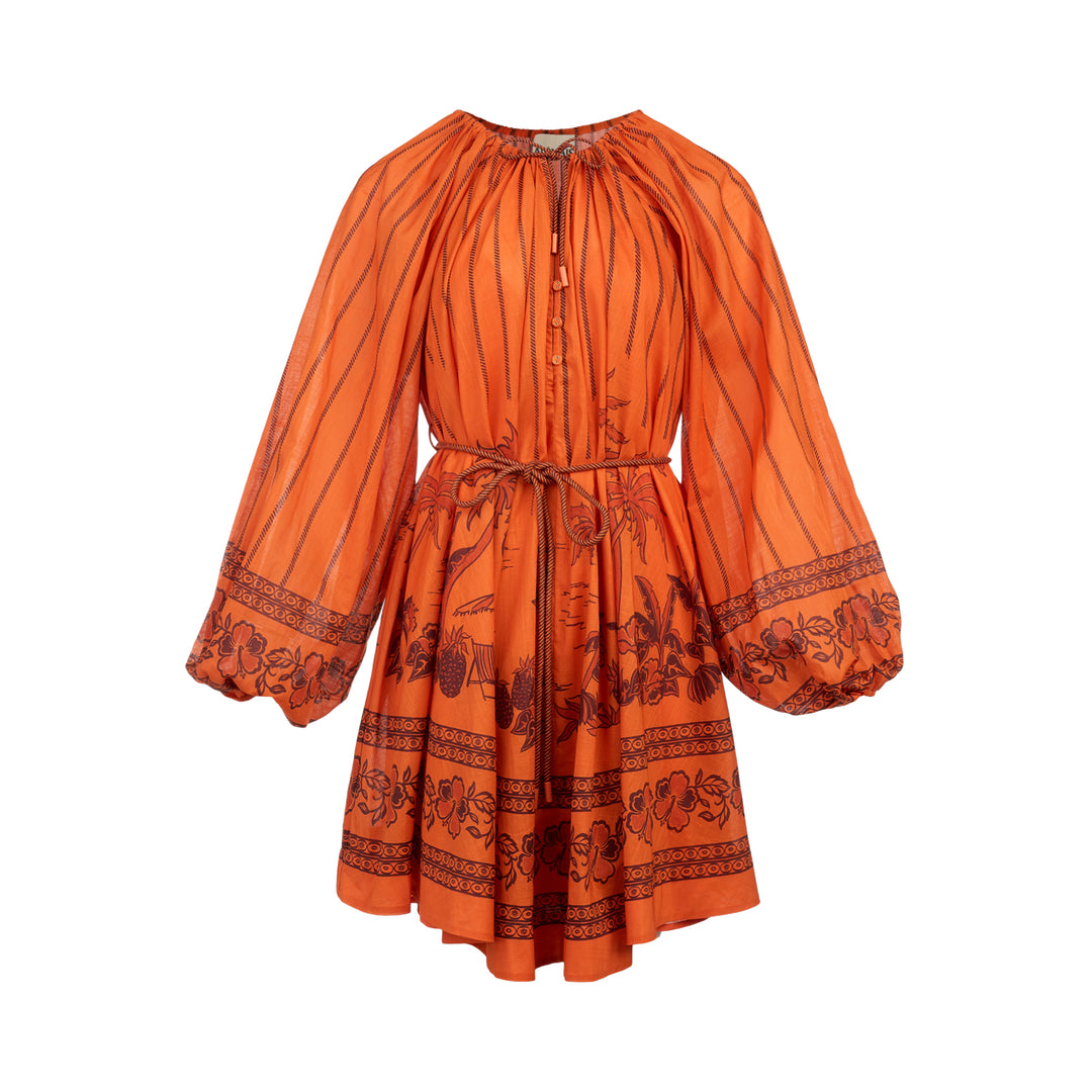 Alemais Boathouse Mini Dress in orange cotton with tropical palm and floral border print, balloon sleeves, gathered neckline with tassel tie, and coordinating rope belt