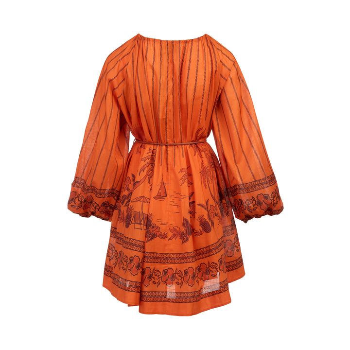 Alemais Boathouse Mini Dress in orange cotton with tropical palm and floral border print, balloon sleeves, gathered neckline with tassel tie, and coordinating rope belt