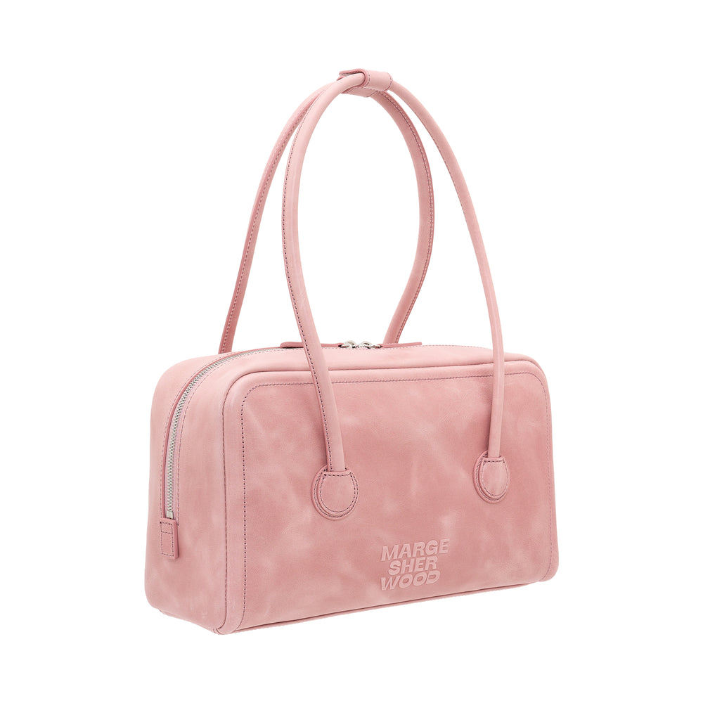 Marge Sherwood Soft Boston Small bag in blush pink leather with double top handles, tonal stitching, silver-tone zip closure, and embossed logo on the front - view 2