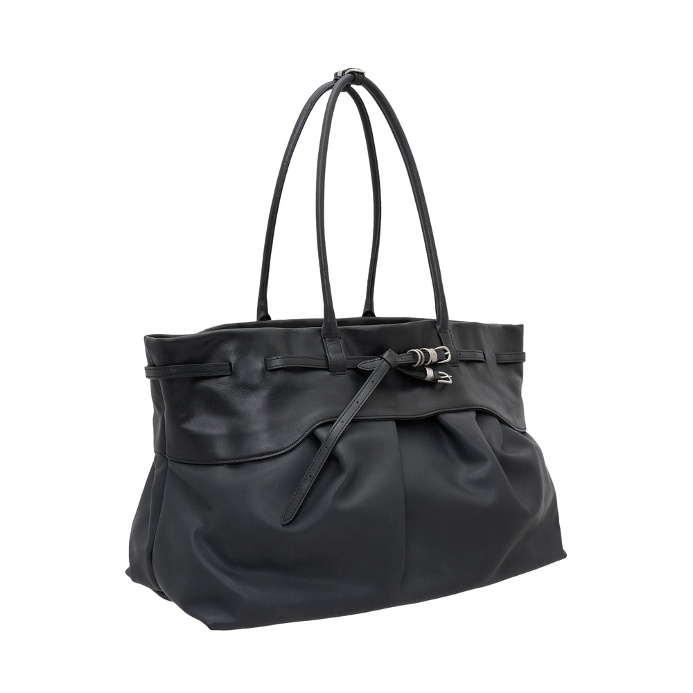 Marge Sherwood Soft Grandma Layered Bag in black leather with gathered front panel, dual shoulder straps, and a belt tie with silver buckle closure - view 2