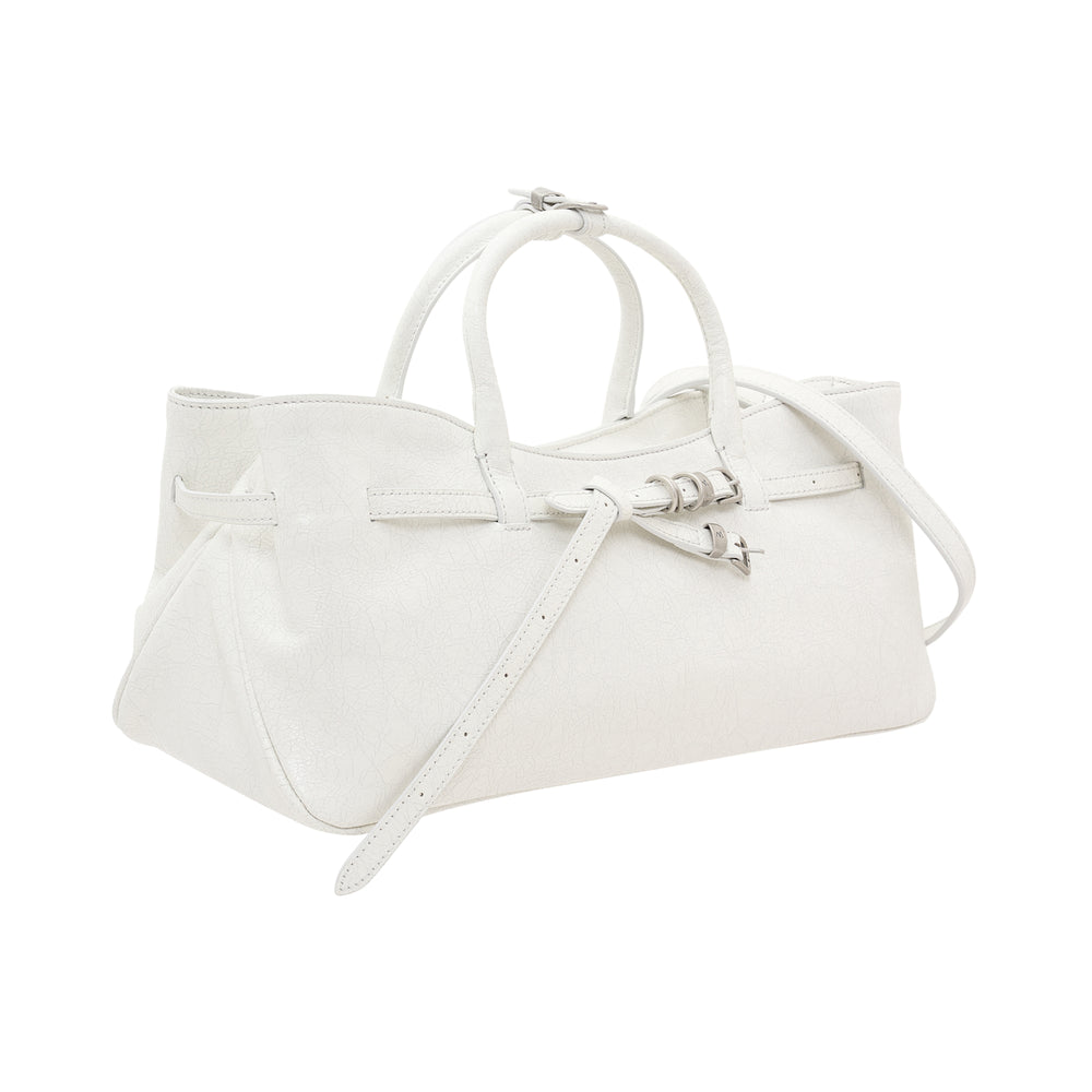 Marge Sherwood Grandma Zipped Bag in white pebbled leather with circular top handles, dual belt-buckle closures, and a detachable crossbody strap - view 2
