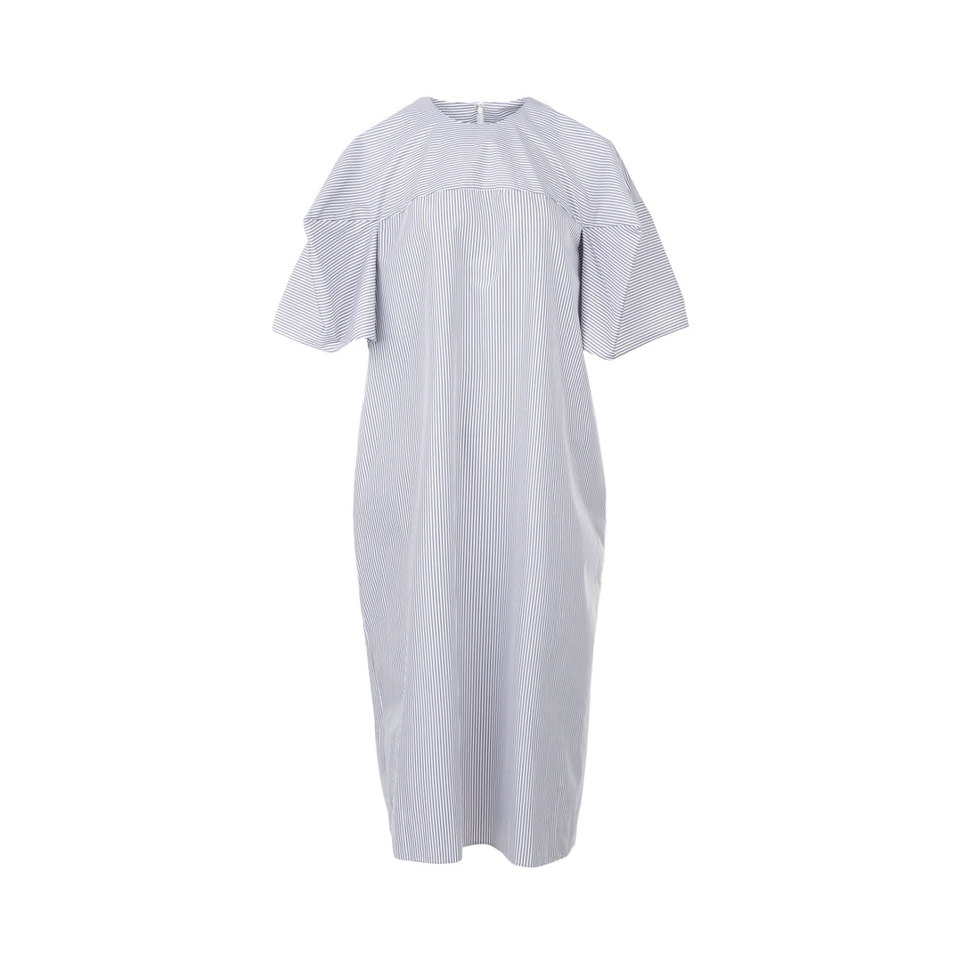 Enfold Striped Flutter Sleeve Box Dress in navy and white pinstripe, featuring cape-style flutter sleeves and a relaxed cocoon silhouette, shot flat on a white background