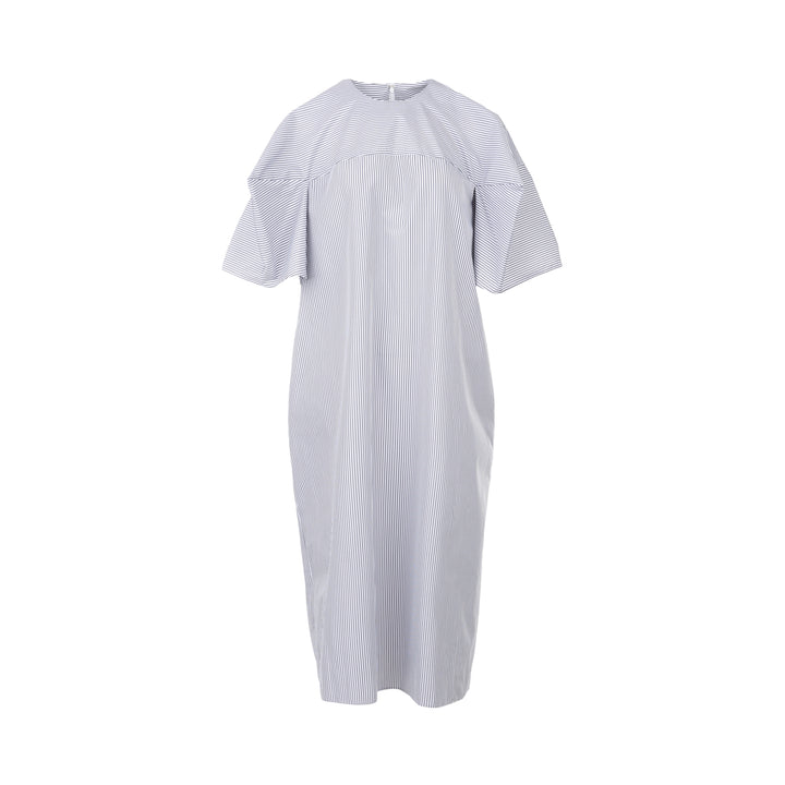 Enfold Striped Flutter Sleeve Box Dress in navy and white pinstripe, featuring cape-style flutter sleeves and a relaxed cocoon silhouette, shot flat on a white background