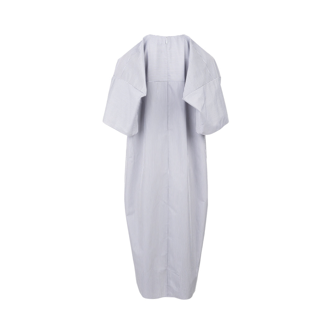 Enfold Striped Flutter Sleeve Box Dress in navy and white pinstripe, featuring cape-style flutter sleeves and a relaxed cocoon silhouette, shot flat on a white background