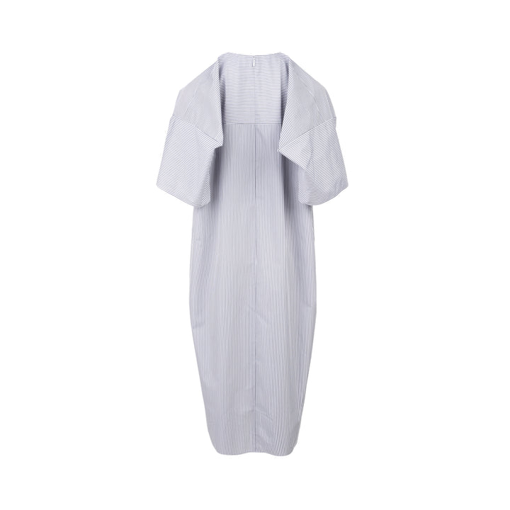 Enfold Striped Flutter Sleeve Box Dress in navy and white pinstripe, featuring cape-style flutter sleeves and a relaxed cocoon silhouette, shot flat on a white background