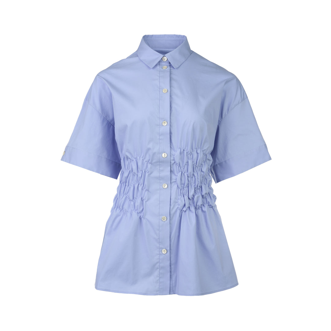 Enfold Shirring Detail Short Sleeve Shirt in periwinkle blue with elasticated smocked waist panel and mother-of-pearl buttons, front view on white background