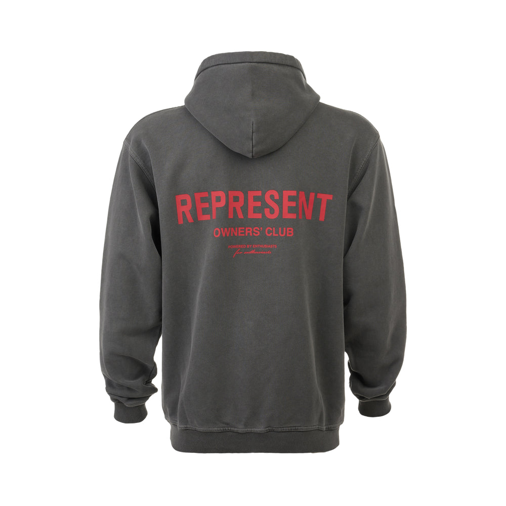 Represent Owners Club Hoodie in washed charcoal with red embroidered chest logo, kangaroo pocket, and ribbed cuffs - view 2