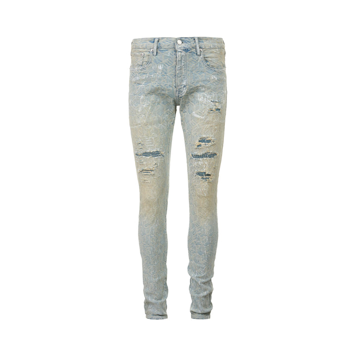 Purple Skinny Jacquard Monogram Jeans in light wash denim featuring an all-over tonal monogram jacquard weave and distressed knee detailing