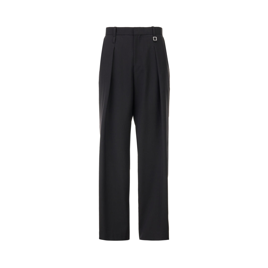 Wooyoungmi black pleated high-rise trousers with double front pleats and side metal buckle adjuster, displayed flat on white background