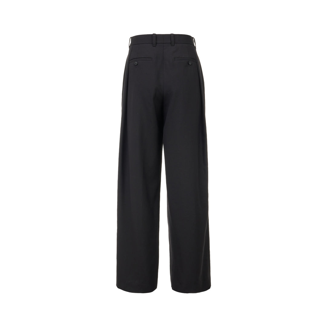Wooyoungmi black pleated high-rise trousers with double front pleats and side metal buckle adjuster, displayed flat on white background - view 2