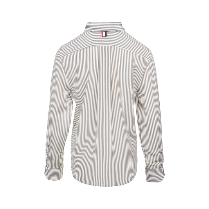 Thom Browne grey and white vertical stripe long sleeve blouse with detachable pussy-bow collar, contrast horizontal-stripe cuffs, and signature woven label patch at the hip - view 2