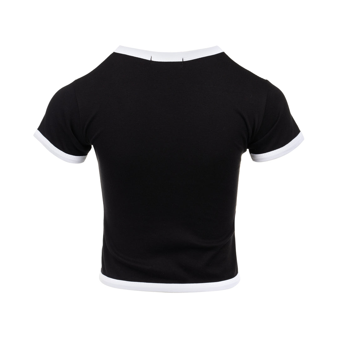 Nineties black stretch crop tee with rhinestone-studded 'Nineties Girl' lettering arched across the chest and contrast white ringer trim at the neckline, sleeves, and hem - view 2