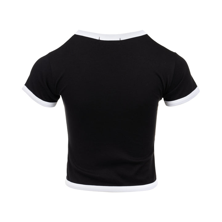 Nineties black stretch crop tee with rhinestone-studded 'Nineties Girl' lettering arched across the chest and contrast white ringer trim at the neckline, sleeves, and hem - view 2