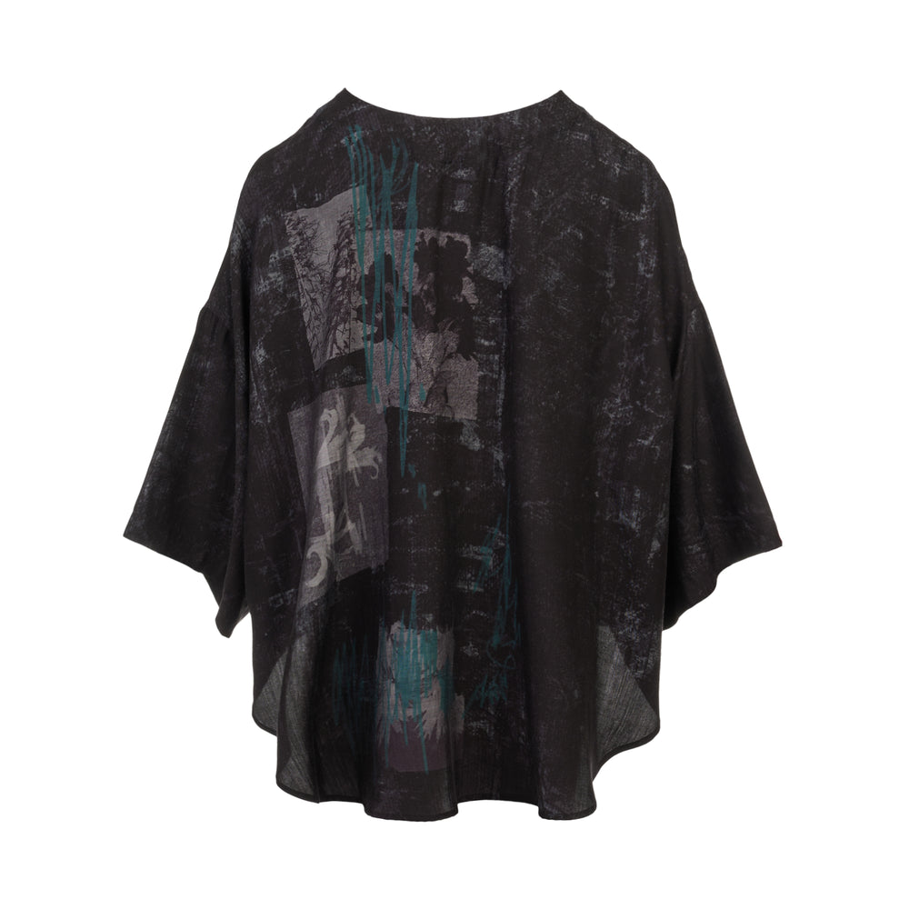 Y's abstract-print half sleeve blouse in dark charcoal with teal brushstroke and botanical motifs, relaxed kimono silhouette, hook closure at neckline, front view on white background - view 2