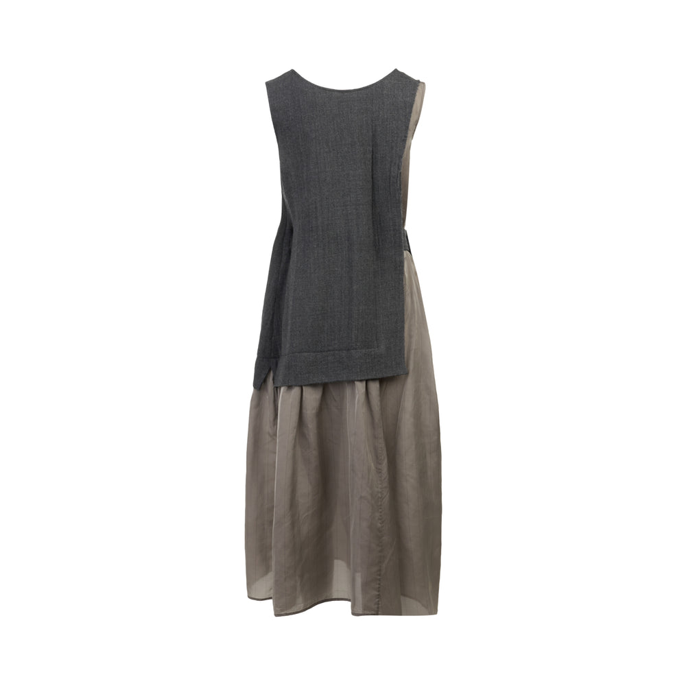 Y's sleeveless midi dress with structured charcoal wool-blend apron bodice, side tie detail, and gathered semi-sheer taupe skirt, displayed flat on a white background - view 2