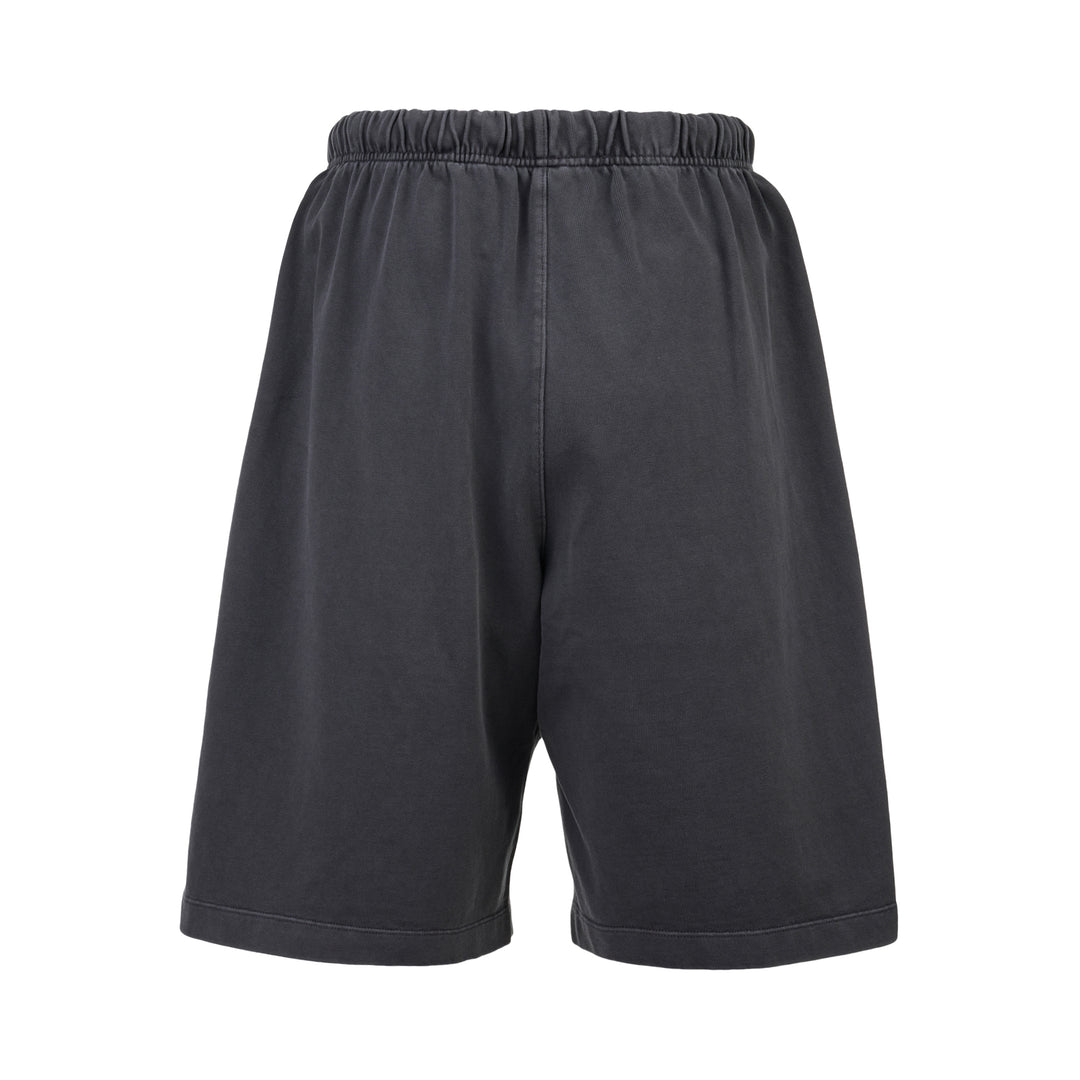 Fear of God Essentials 90s Shorts in washed charcoal with cream rope drawstring waistband and tonal logo embroidery at the hem