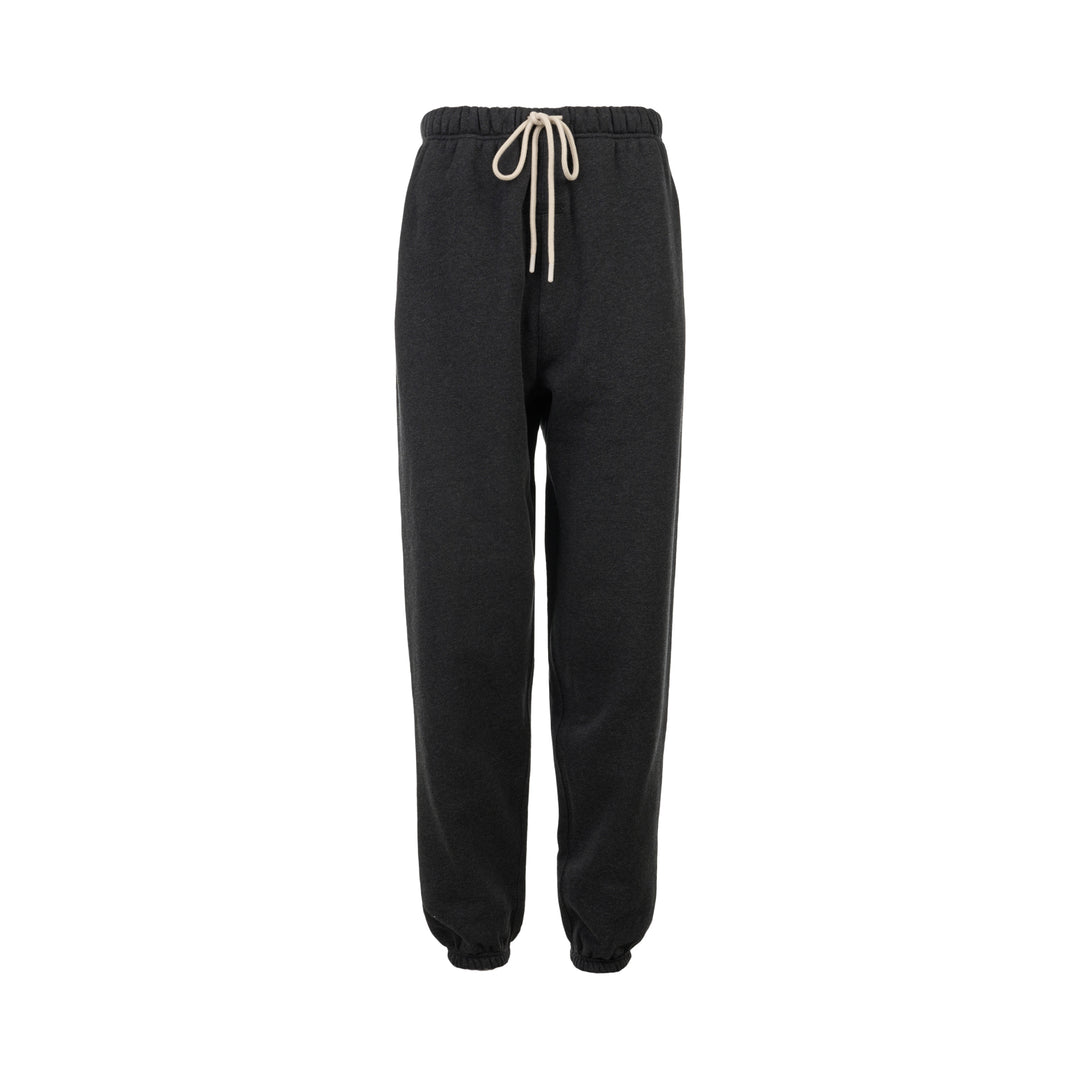 Fear of God Essentials Classic Fleece Sweatpants in dark charcoal with cream drawstring waistband and elasticated ribbed cuffs, flat lay product shot