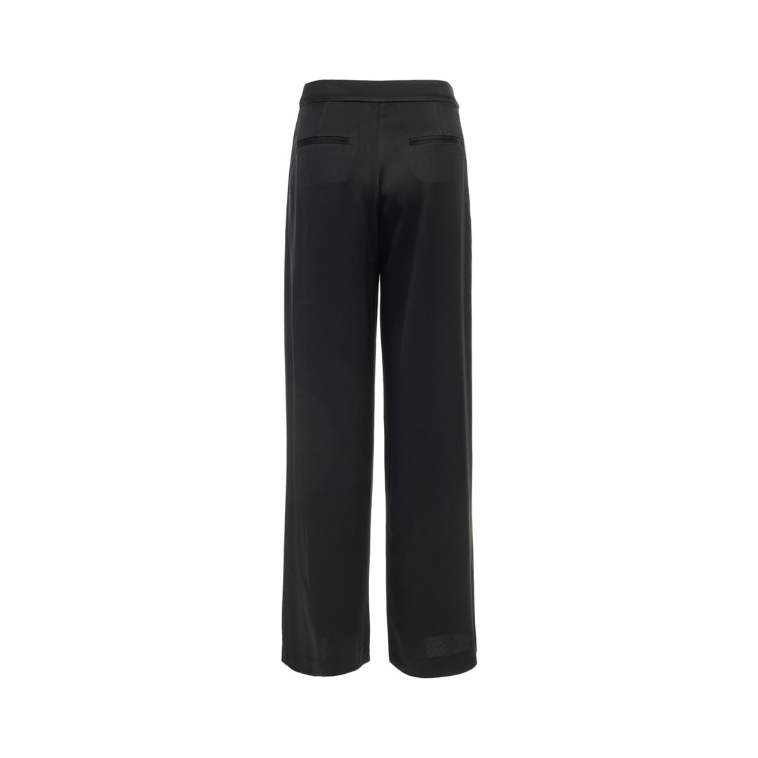 Black wide-leg crepe acetate trousers with a front pleat and single-button waist, shown from the front - view 2
