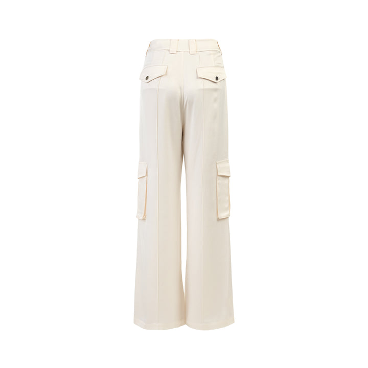 Cream wide-leg high-rise cargo pants in crepe acetate blend with flap pockets and pressed front crease - view 2