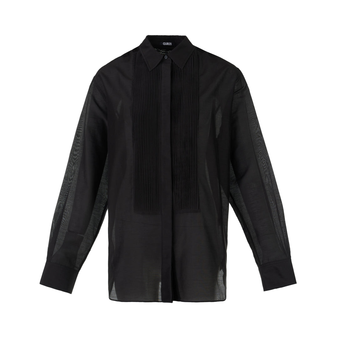 Black sheer silk-cotton Soline shirt with pleated tuxedo-style bib, pointed collar, concealed placket and long sleeves