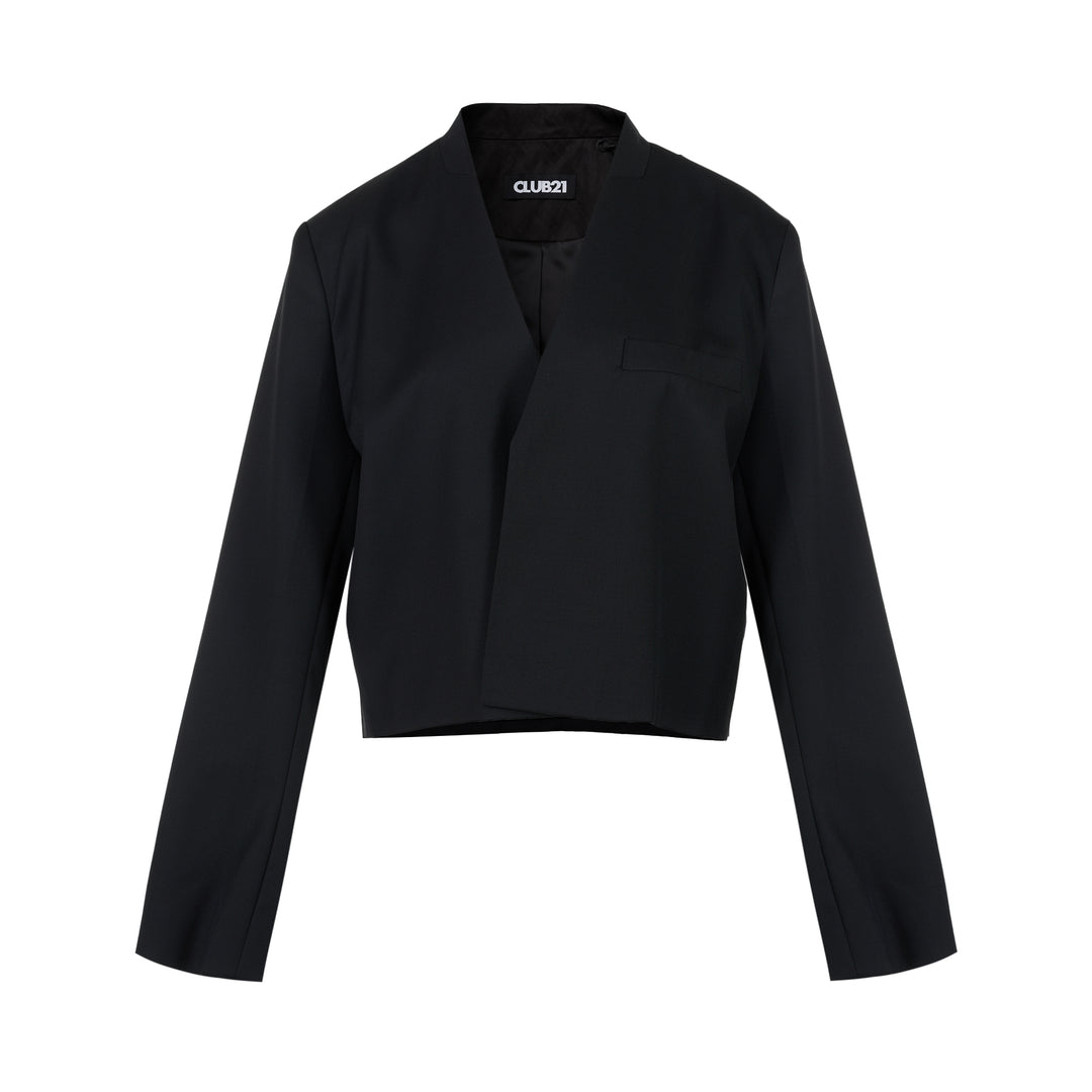 Black cropped collarless jacket in satorial wool mix with asymmetric overlapping front and chest welt pocket