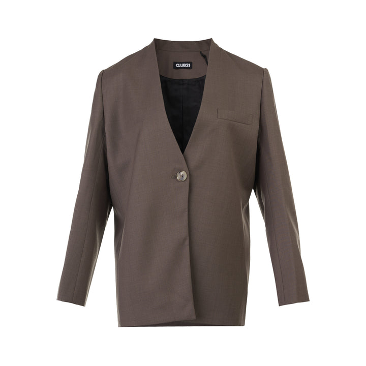 Club21 Collection Tess collarless wool blend blazer in taupe brown with single button closure and chest welt pocket