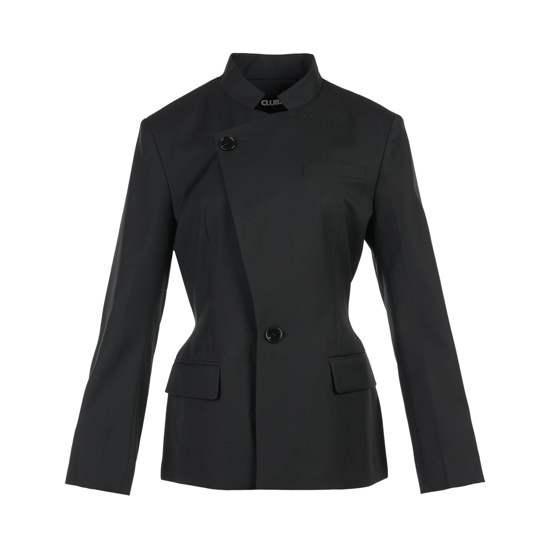Black wool-mix tailored jacket with asymmetric button front, stand collar, welt chest pocket and flap hip pockets