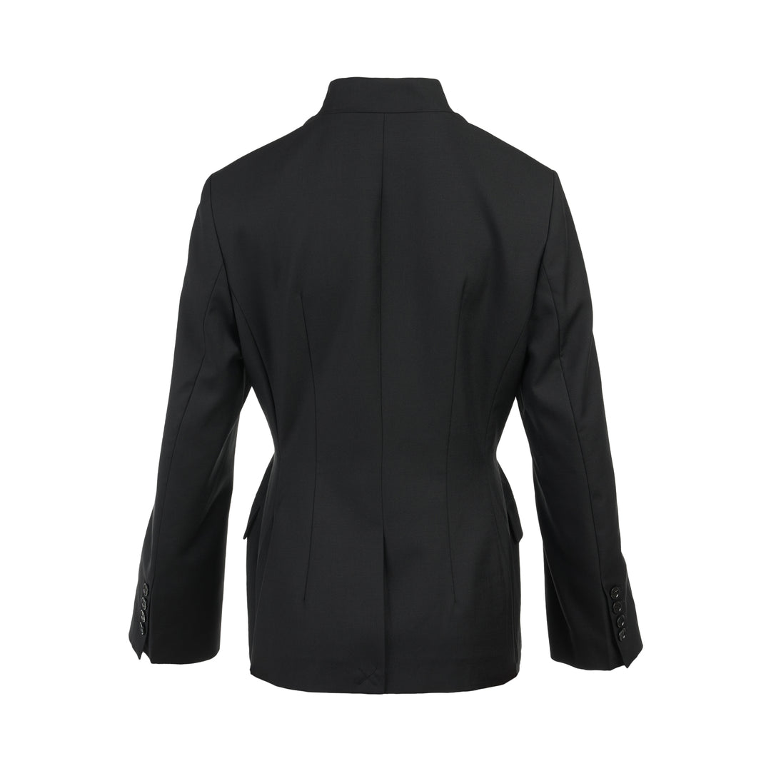Black wool-mix tailored jacket with asymmetric button front, stand collar, welt chest pocket and flap hip pockets - view 2
