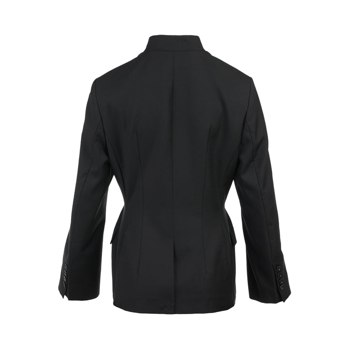 Black wool-mix tailored jacket with asymmetric button front, stand collar, welt chest pocket and flap hip pockets - view 2