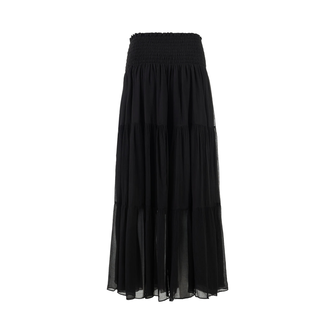 Black tiered maxi skirt in crinkled silk-blend chiffon with a smocked high waist and flowing semi-sheer layers