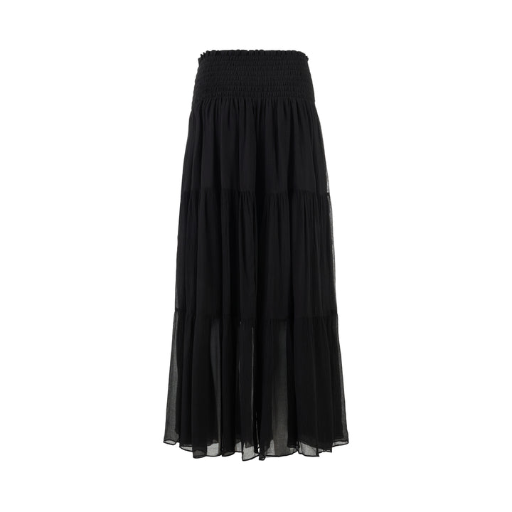 Black tiered maxi skirt in crinkled silk-blend chiffon with a smocked high waist and flowing semi-sheer layers