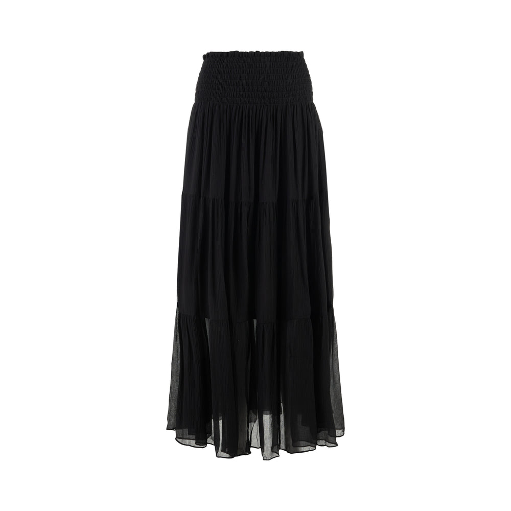 Black tiered maxi skirt in crinkled silk-blend chiffon with a smocked high waist and flowing semi-sheer layers - view 2
