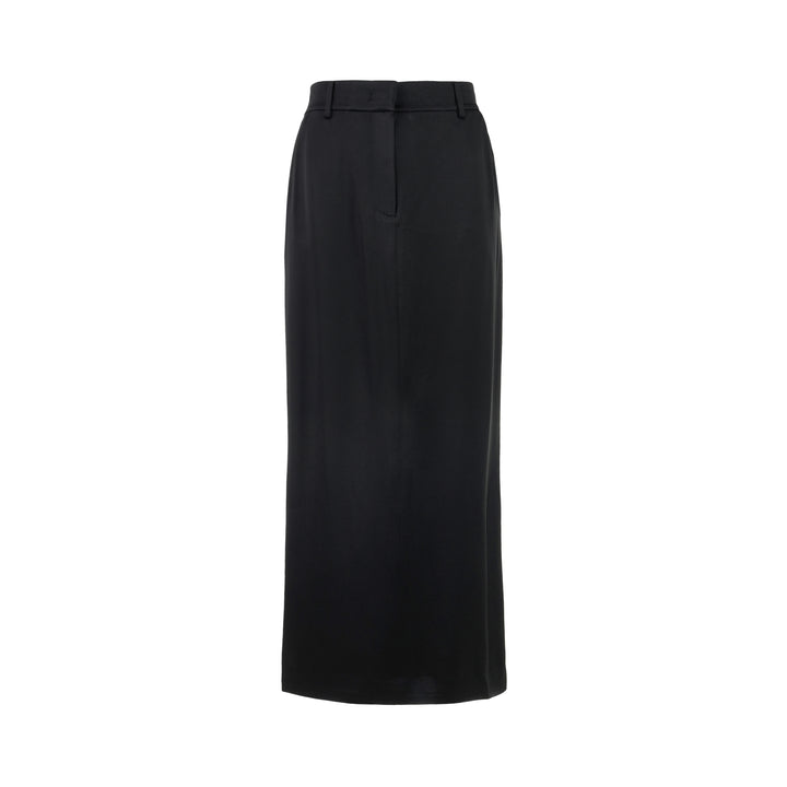 Black high-waisted maxi skirt in crepe acetate mix with tailored waistband and belt loops, shown from the front