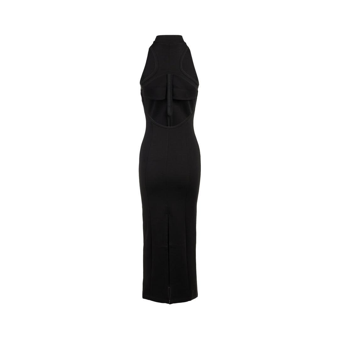 Back view of the Luna sleeveless high-neck midi dress in black stretch modal jersey with a concealed centre back zip - view 2