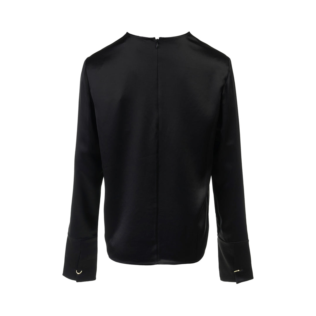 Black matte satin long-sleeve blouse with crew neckline and wide cuffs, shown flat from the front - view 2