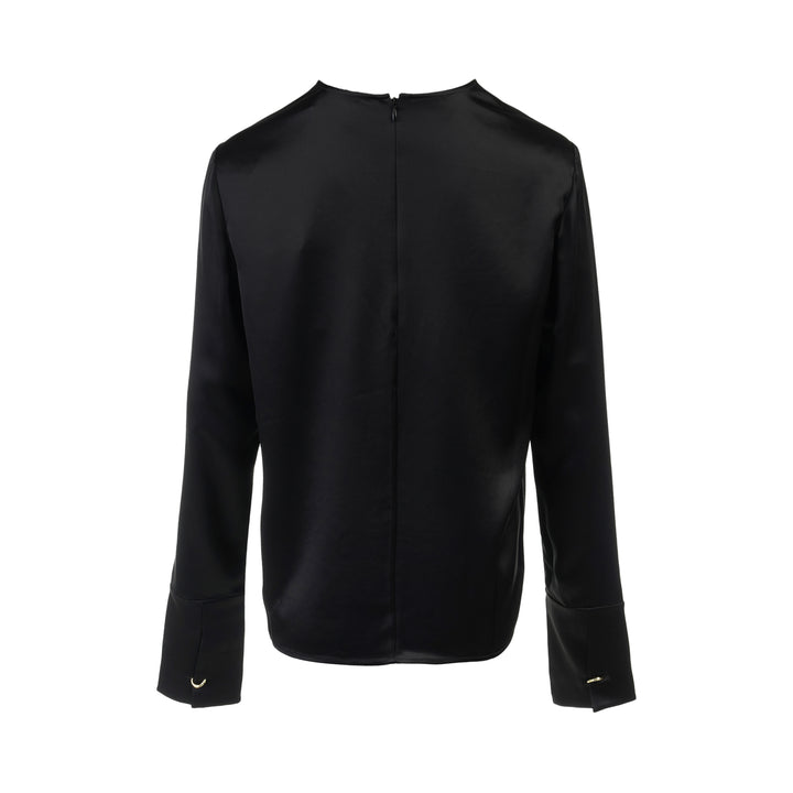 Black matte satin long-sleeve blouse with crew neckline and wide cuffs, shown flat from the front - view 2