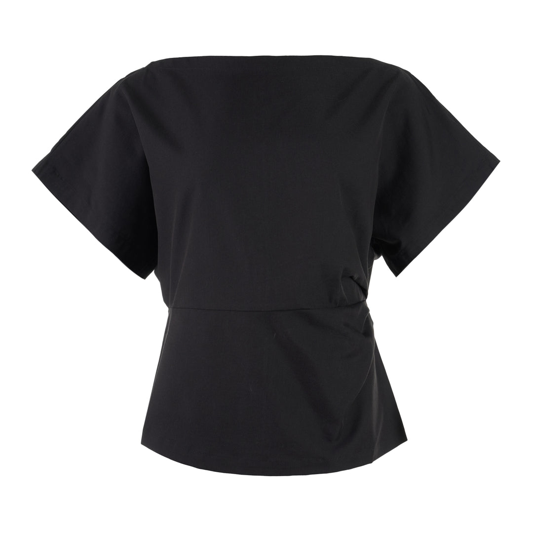 Black boat-neck short-sleeve top in light stretch rayon linen with kimono sleeves and gathered waist detail
