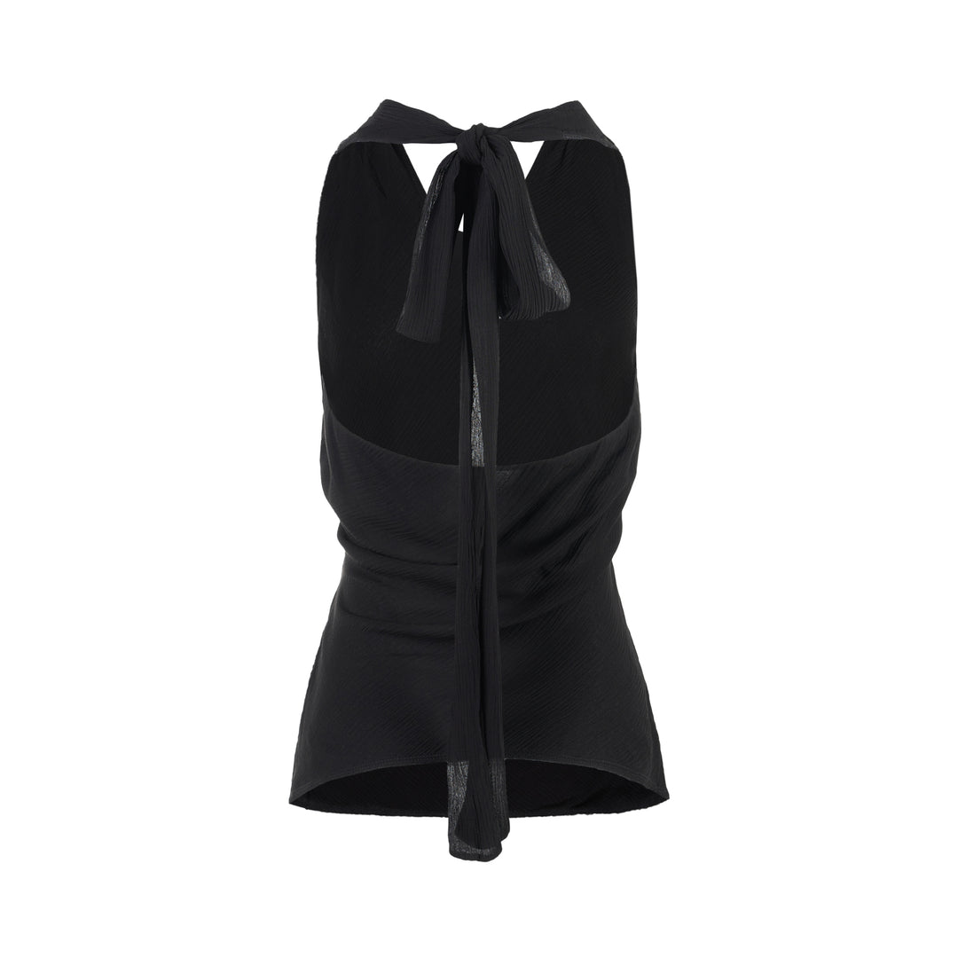 Black sleeveless halter top in crinkled silk-blend fabric with a scooped neckline and self-tie open back - view 2