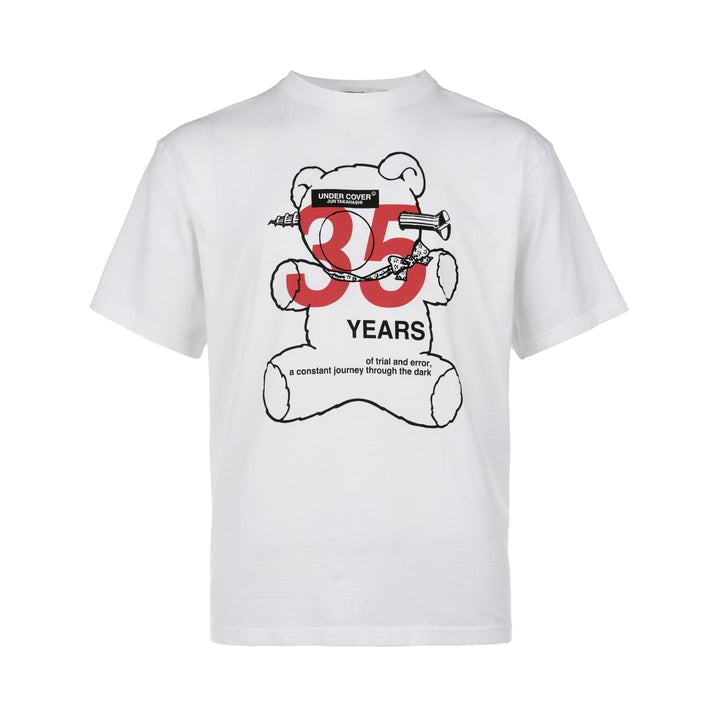 Undercover Jun Takahashi black cotton tee with oversized teddy bear and red 35th anniversary graphic print on the chest