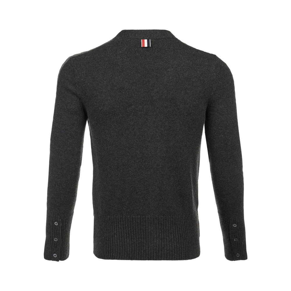 Thom Browne medium grey cable knit V-neck cardigan with dark contrast trim, 4-bar tonal stripe on the sleeve, and button-through front fastening - view 2