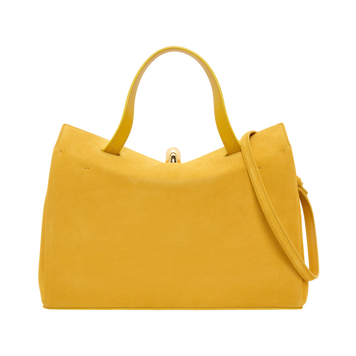 Jacquemus Le Valerie structured tote bag in mustard yellow suede with gold-tone toggle clasp, dual top handles, and adjustable crossbody strap on white background - view 3