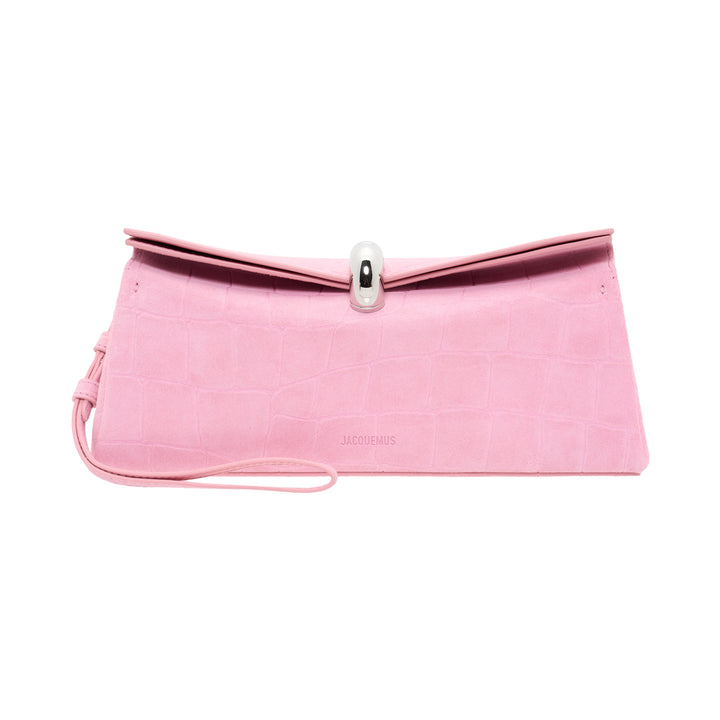 Jacquemus La Pochette Valerie envelope clutch in pink croc-embossed leather with a sculptural silver toggle clasp and slim wrist strap