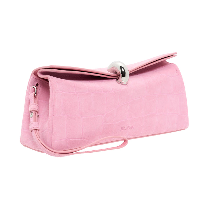 Jacquemus La Pochette Valerie envelope clutch in pink croc-embossed leather with a sculptural silver toggle clasp and slim wrist strap - view 2