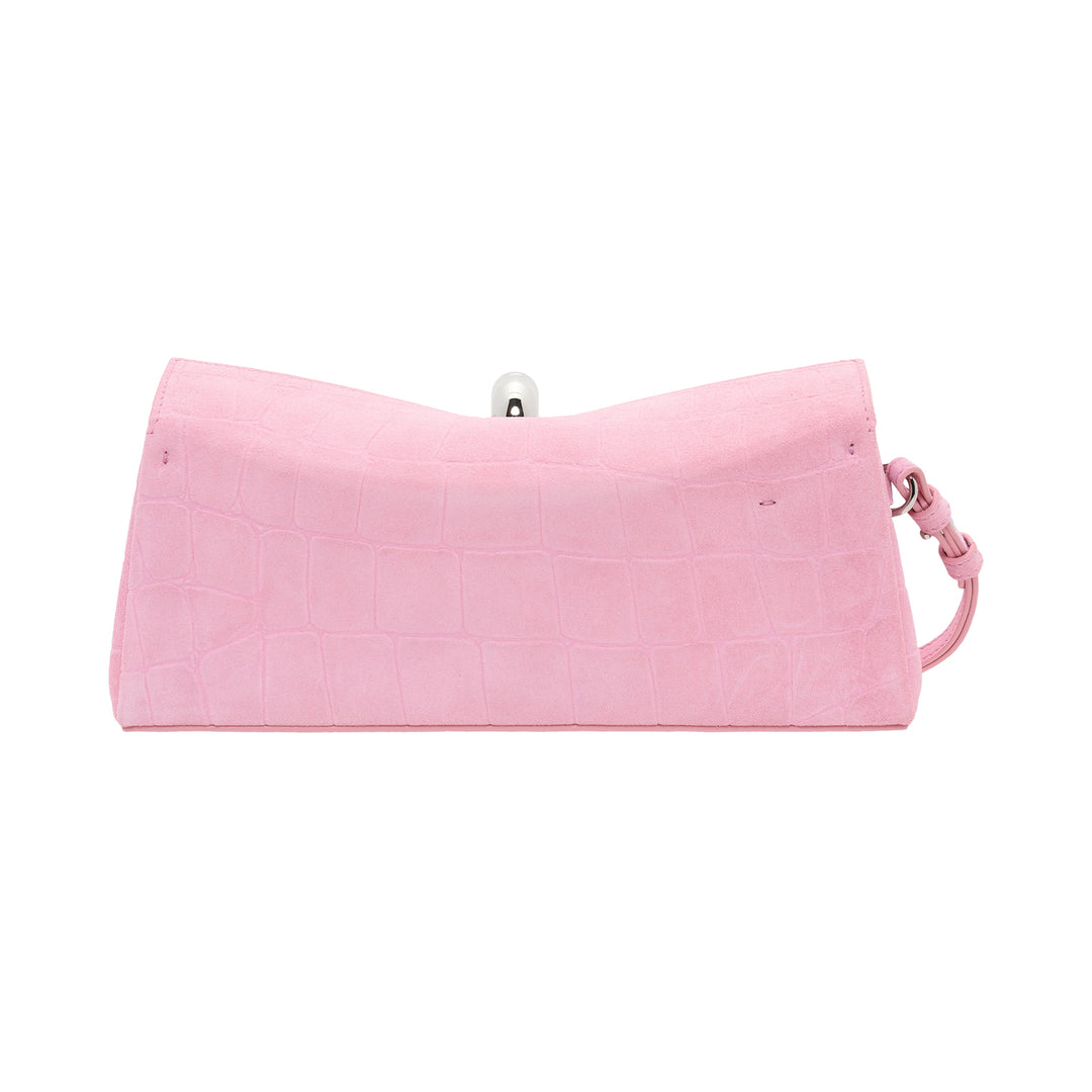 Jacquemus La Pochette Valerie envelope clutch in pink croc-embossed leather with a sculptural silver toggle clasp and slim wrist strap - view 3
