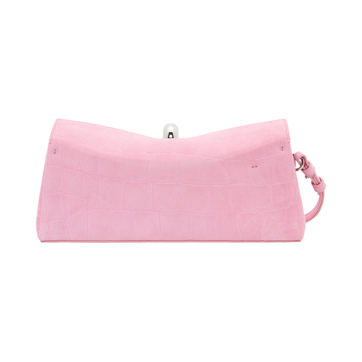 Jacquemus La Pochette Valerie envelope clutch in pink croc-embossed leather with a sculptural silver toggle clasp and slim wrist strap - view 3