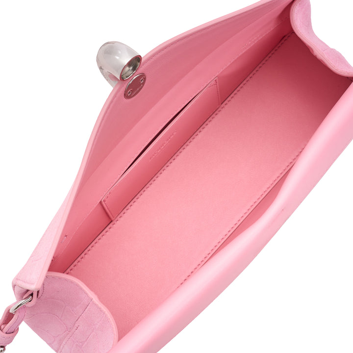 Jacquemus La Pochette Valerie envelope clutch in pink croc-embossed leather with a sculptural silver toggle clasp and slim wrist strap - view 4